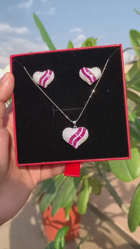 Valentines Exclusive Diamond and Ruby Studded Pendant Set on Pure 925 Silver