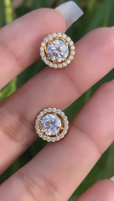 18k Gold Finish Classic Halo Studs On Pure 925 Silver with Premium Screw Backs