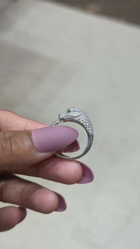 Load and play video in Gallery viewer, Premium Micro Setting Diamond Viper Ring with Green Emerald Eye Detailing on Pure 925 Silver
