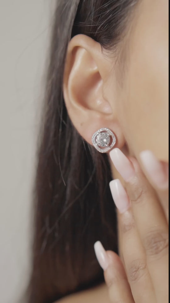 Load and play video in Gallery viewer, Celery Square Halo 1 Carat Premium Solitaire Studs
