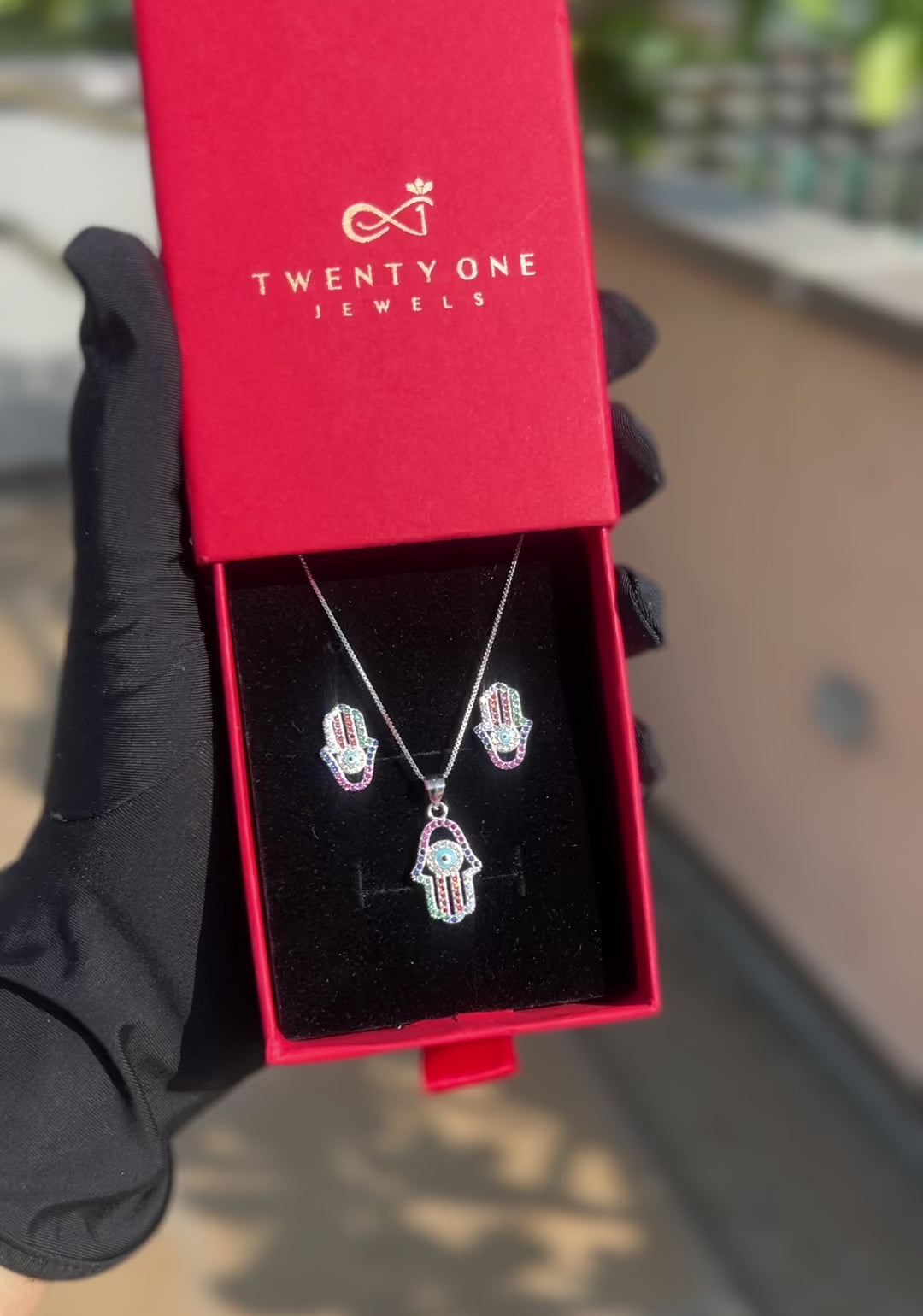 Multicoloured Hamza Hand Pendant Set on Pure 925 Silver