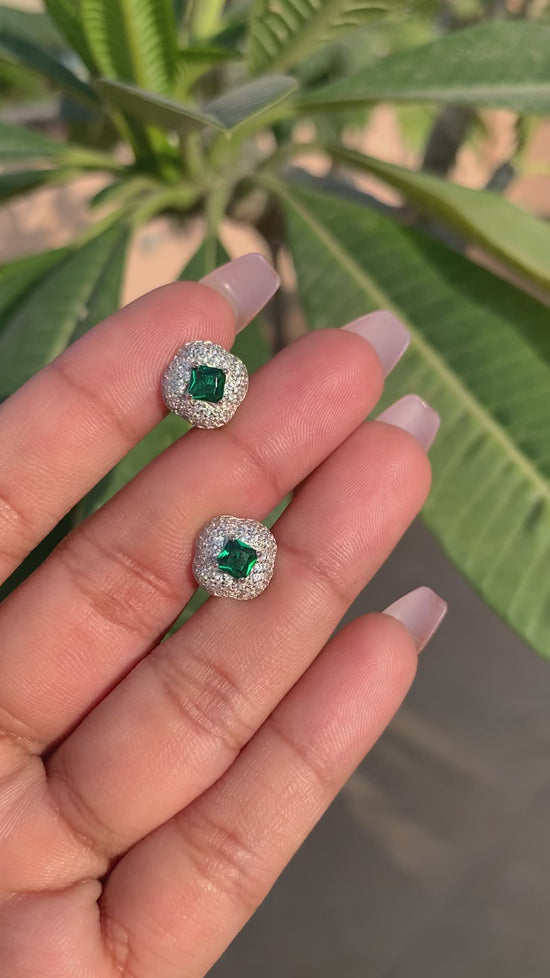 American Diamond Studded with Green Emerald Demi Stud on Pure 925 silver