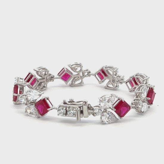 Load and play video in Gallery viewer, Ultra Premium Ruby Ice Cut Multi Solitaire Tennis Bracelet on Pure 925 Silver with Box Lock and Double Side Rhodium Plating
