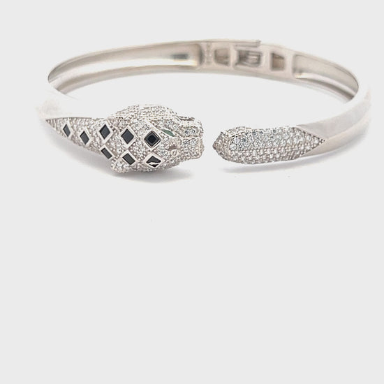 Load and play video in Gallery viewer, Luxury Brand Inspired Ultra Premium Micro Setting Diamond Openable Panther Bracelet with Green Emerald Eye Detailing on Pure 925 Silver
