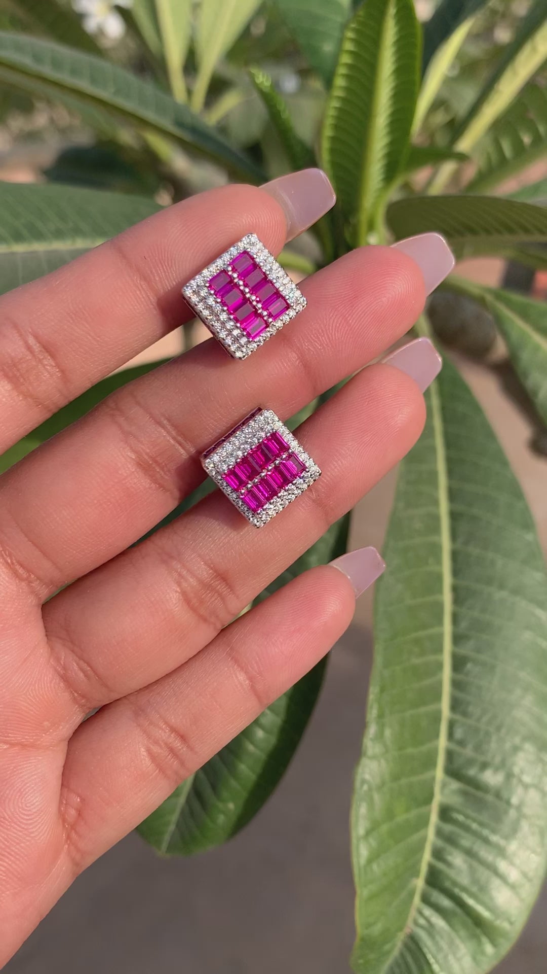 Diamond Studded and 2 Line Ruby Baguette Marlee Studs on Pure 925 Silver.