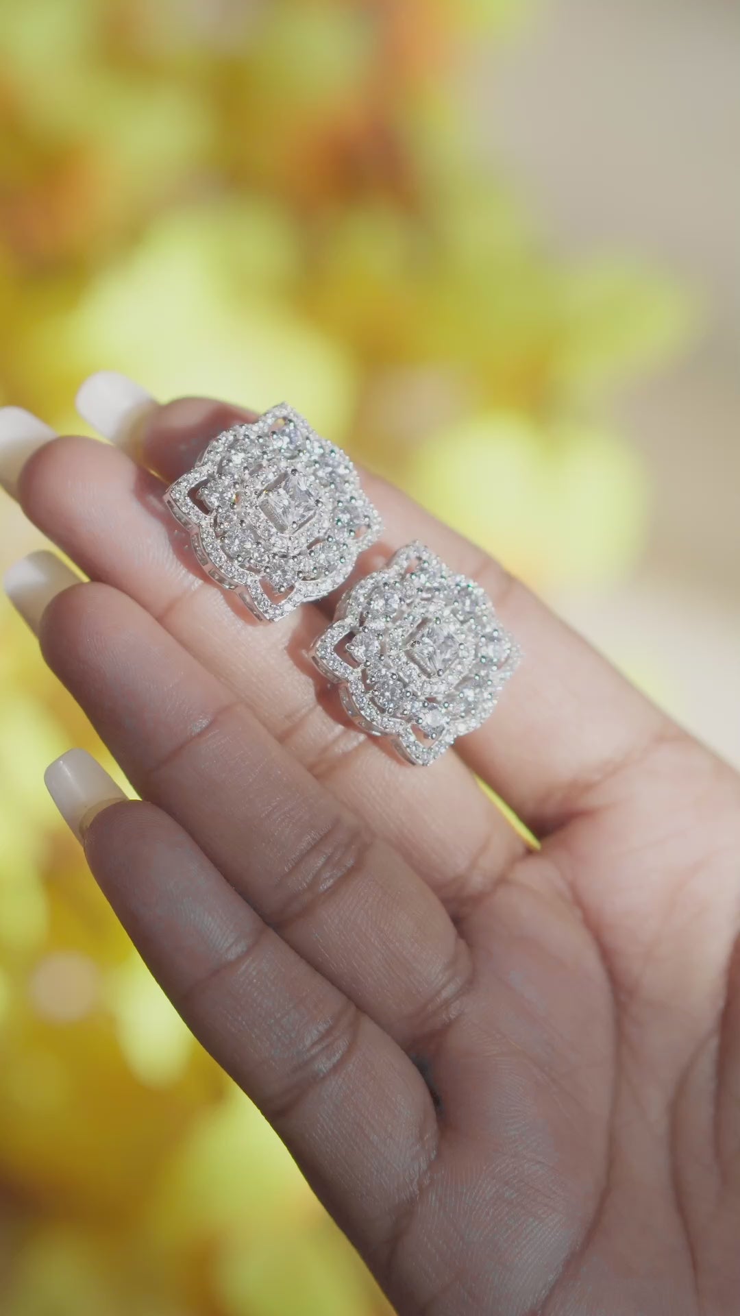 Load and play video in Gallery viewer, Ultra Premium American Diamond Ella Studs with Princess Cut Solitaire and Premium Screw Backs on Pure 925 Silver
