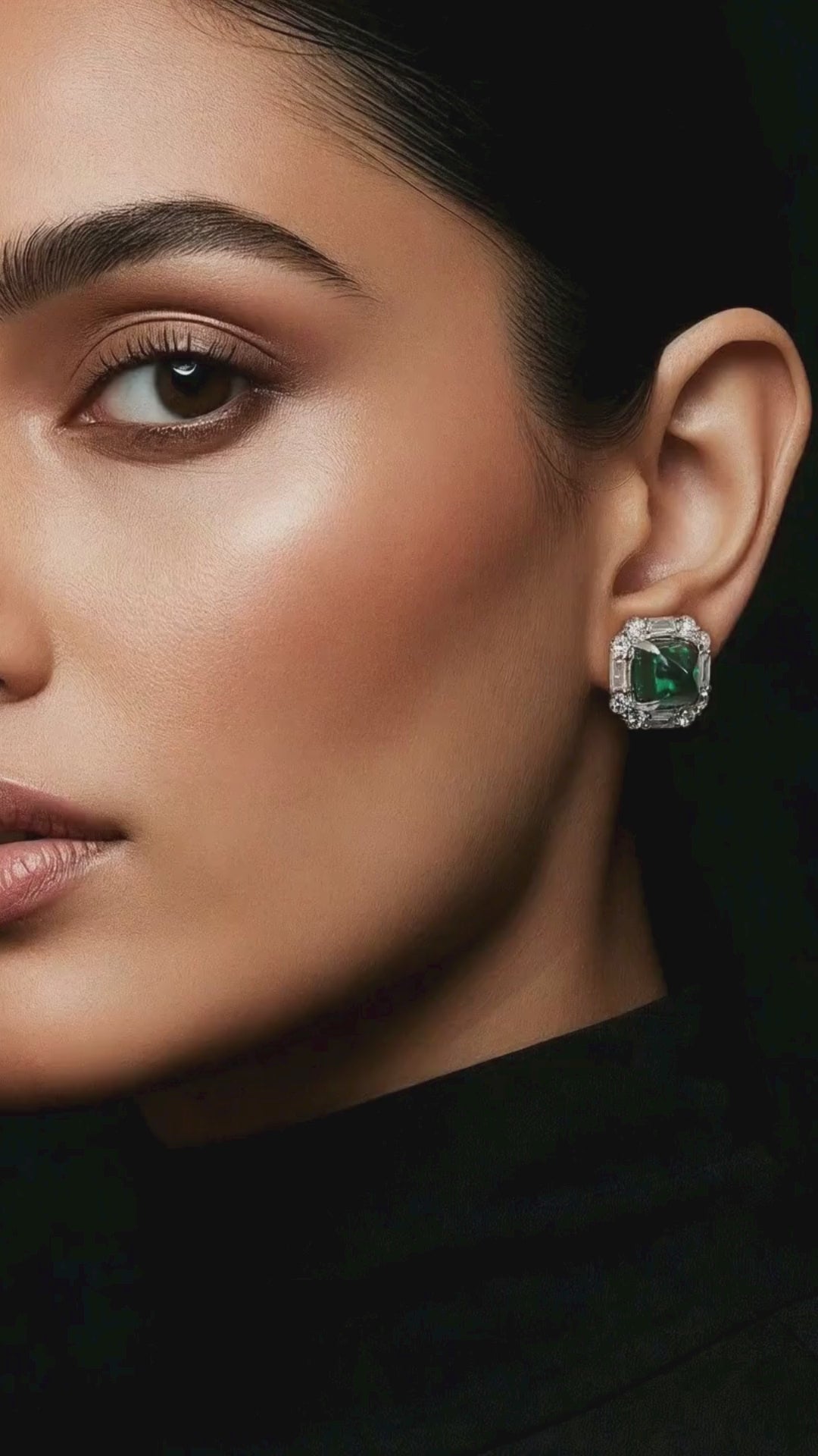Load and play video in Gallery viewer, Premium Green Emerald Cabochon Shukra Statement Stud Earrings with Premium Screw Backs on Pure 925 Silver
