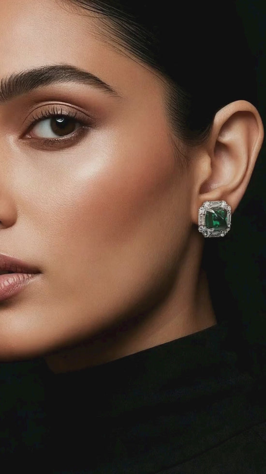 Load and play video in Gallery viewer, Premium Green Emerald Cabochon Shukra Statement Stud Earrings with Premium Screw Backs on Pure 925 Silver
