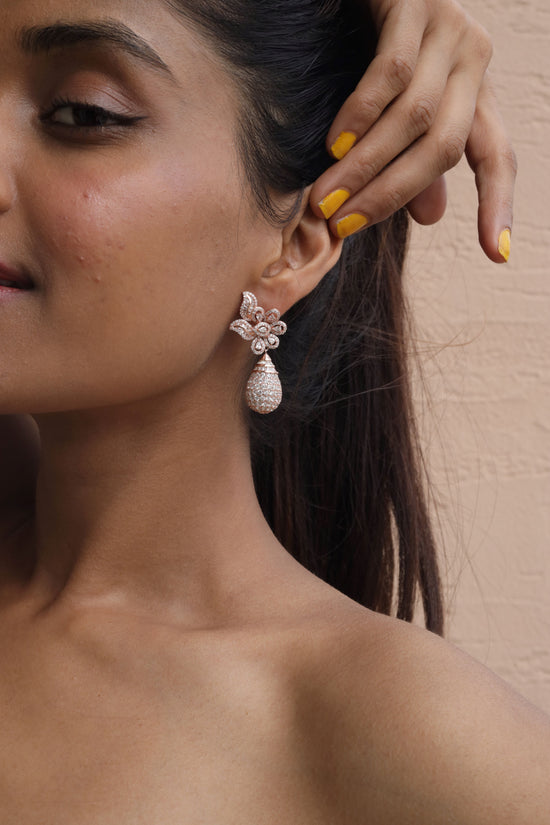Rose Gold finish Diamond Studded Emory Long Earring Pure 925 Silver.