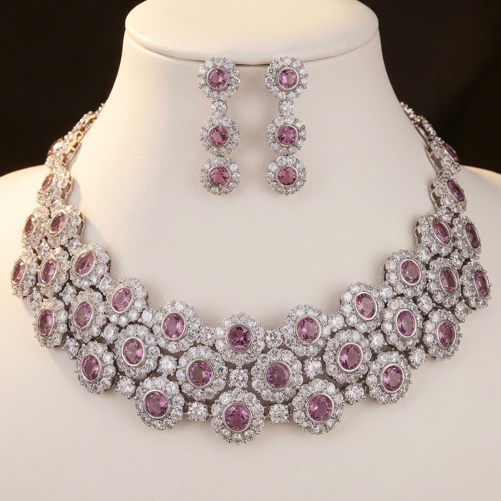 TOJ Everyday - Pink Diamond Choker Necklace Set with Earrings for Women