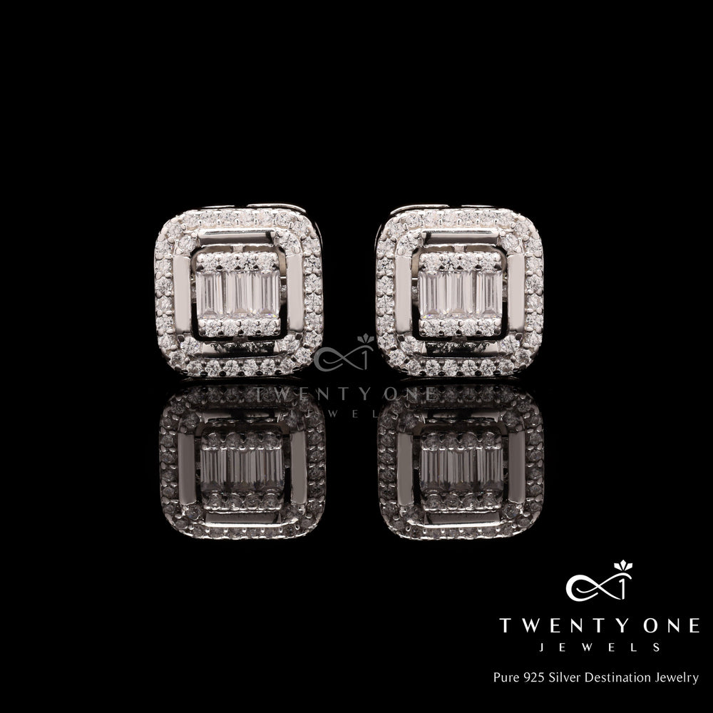 Diamond Baguette and Round Cut Studded Rosetta Studs on 925 Silver