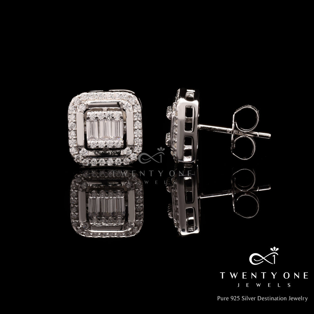 Diamond Baguette and Round Cut Studded Rosetta Studs on 925 Silver