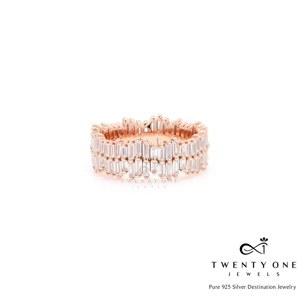 Double Layered Rose Gold Sylvia Ring with Diamond Taper Baguettes