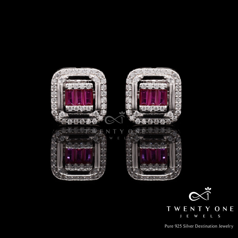 Ruby Baguette and Diamond Studded Rosetta Studs on 925 Silver.