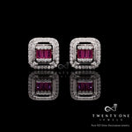 Ruby Baguette and Diamond Studded Rosetta Studs on 925 Silver.