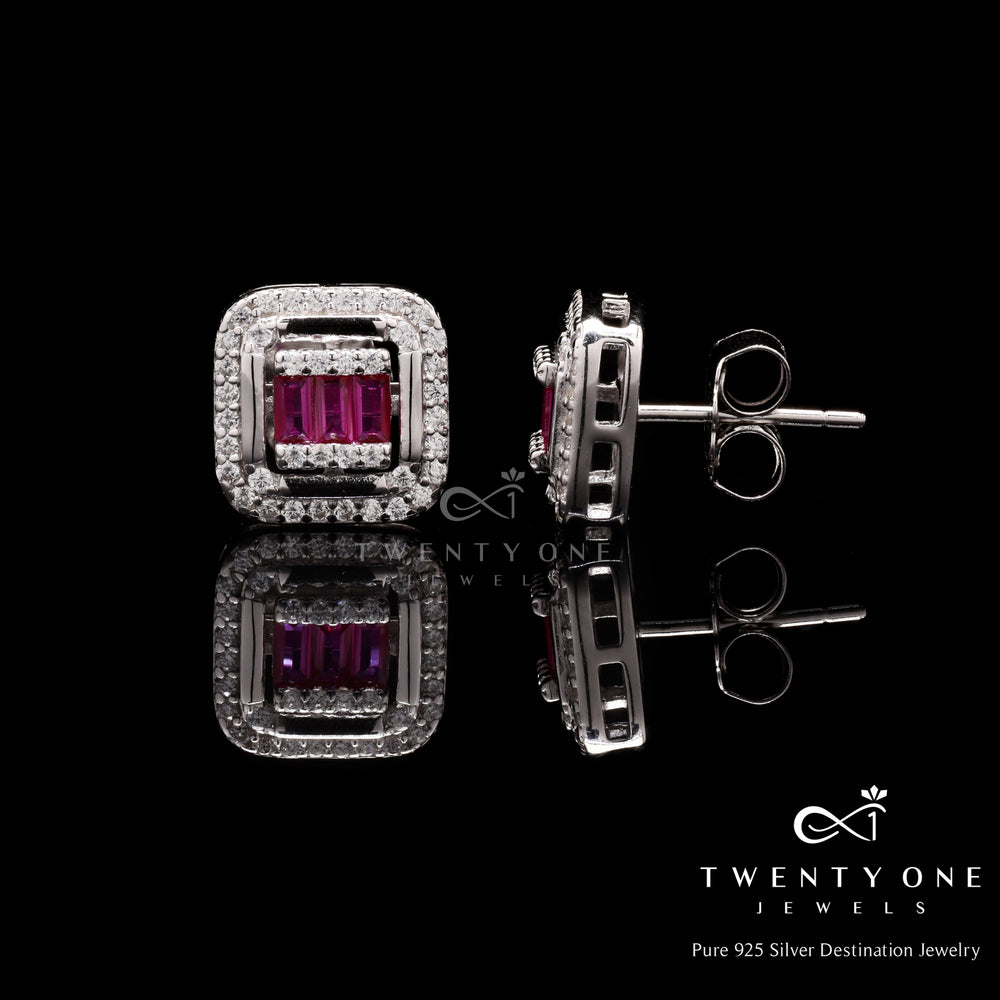 Ruby Baguette and Diamond Studded Rosetta Studs on 925 Silver.