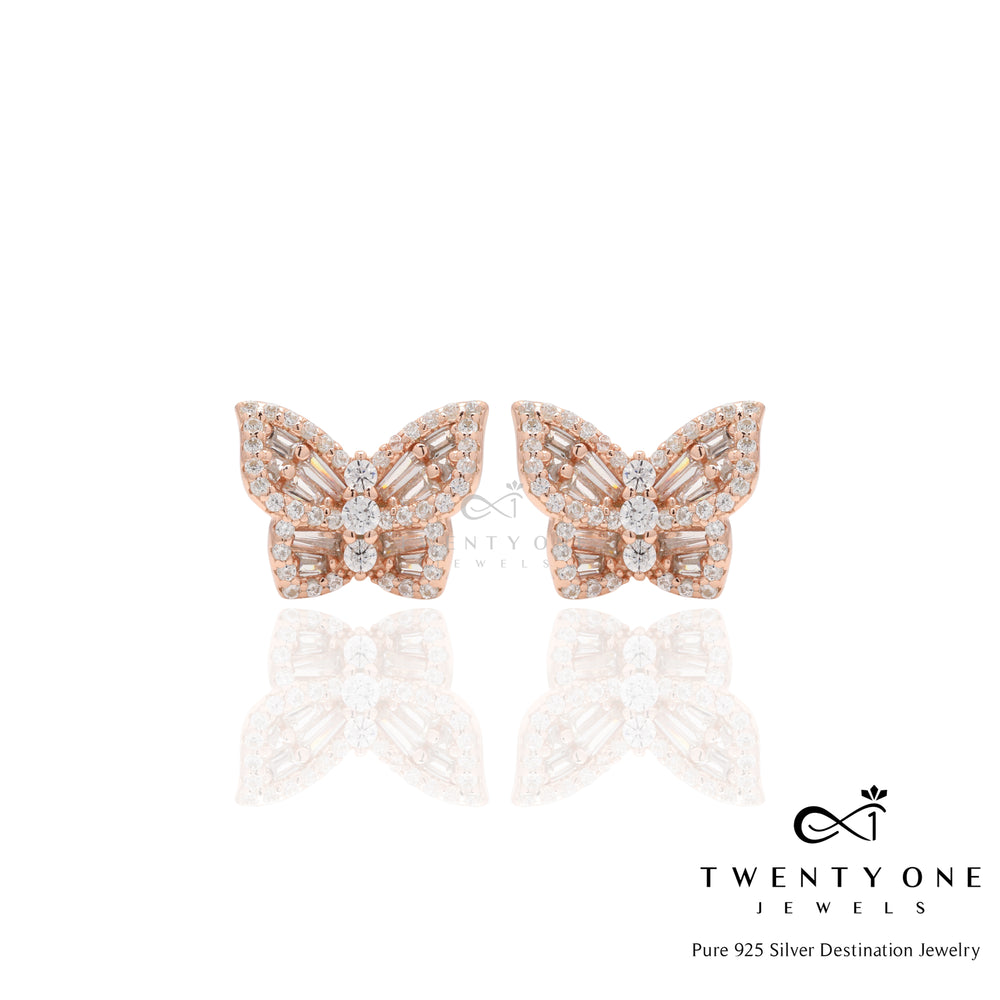 Rose Gold Finish Butter Fly Studs with American Diamond Baguettes on Pure 925 Silver