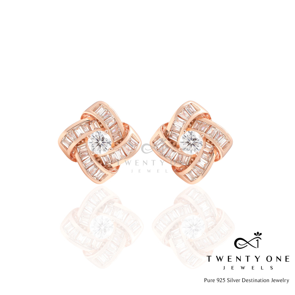 Knotty Diamond Solitaire and Baguette Studs on Pure 925 Silver