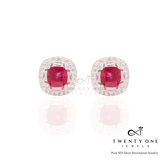 Cushion Cut Ruby Solitaire Vallery Studs on Pure 925 Silver