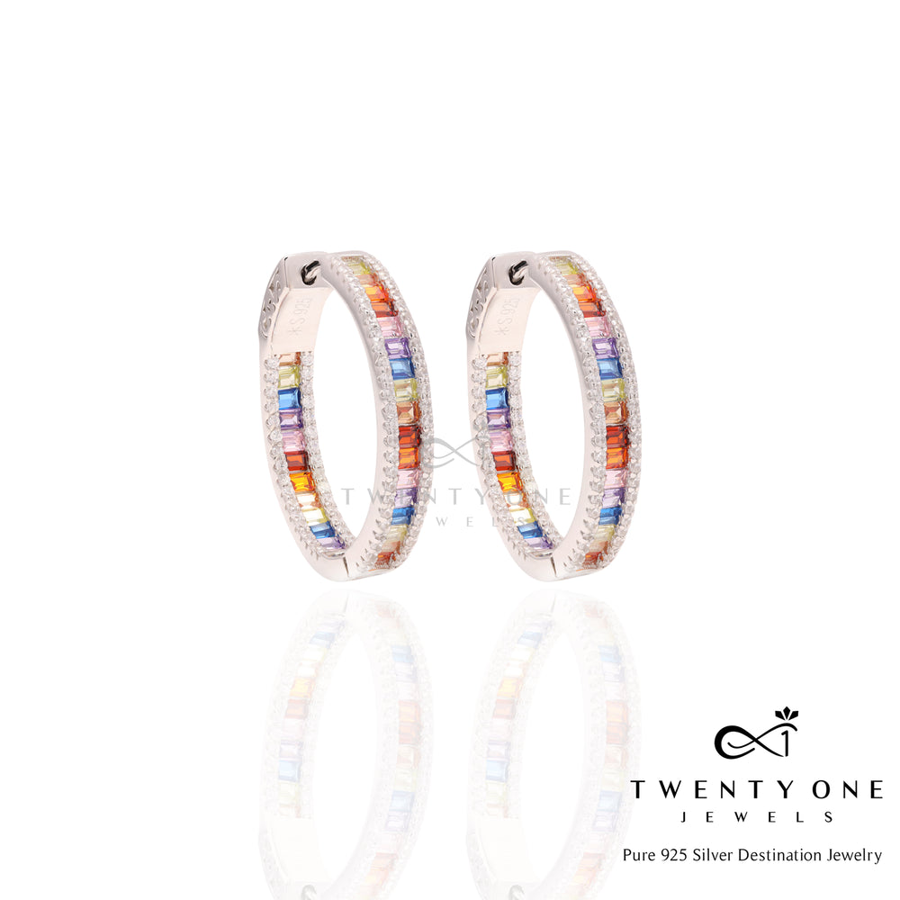 Multi Coloured Baguette Diamond Classic Round Hoops on Pure 925 Silver