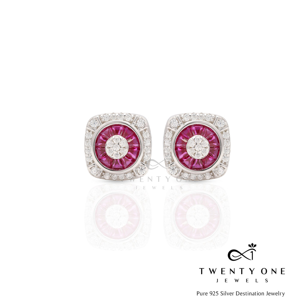 Ruby Square Chema Studs on Pure 925 Silver