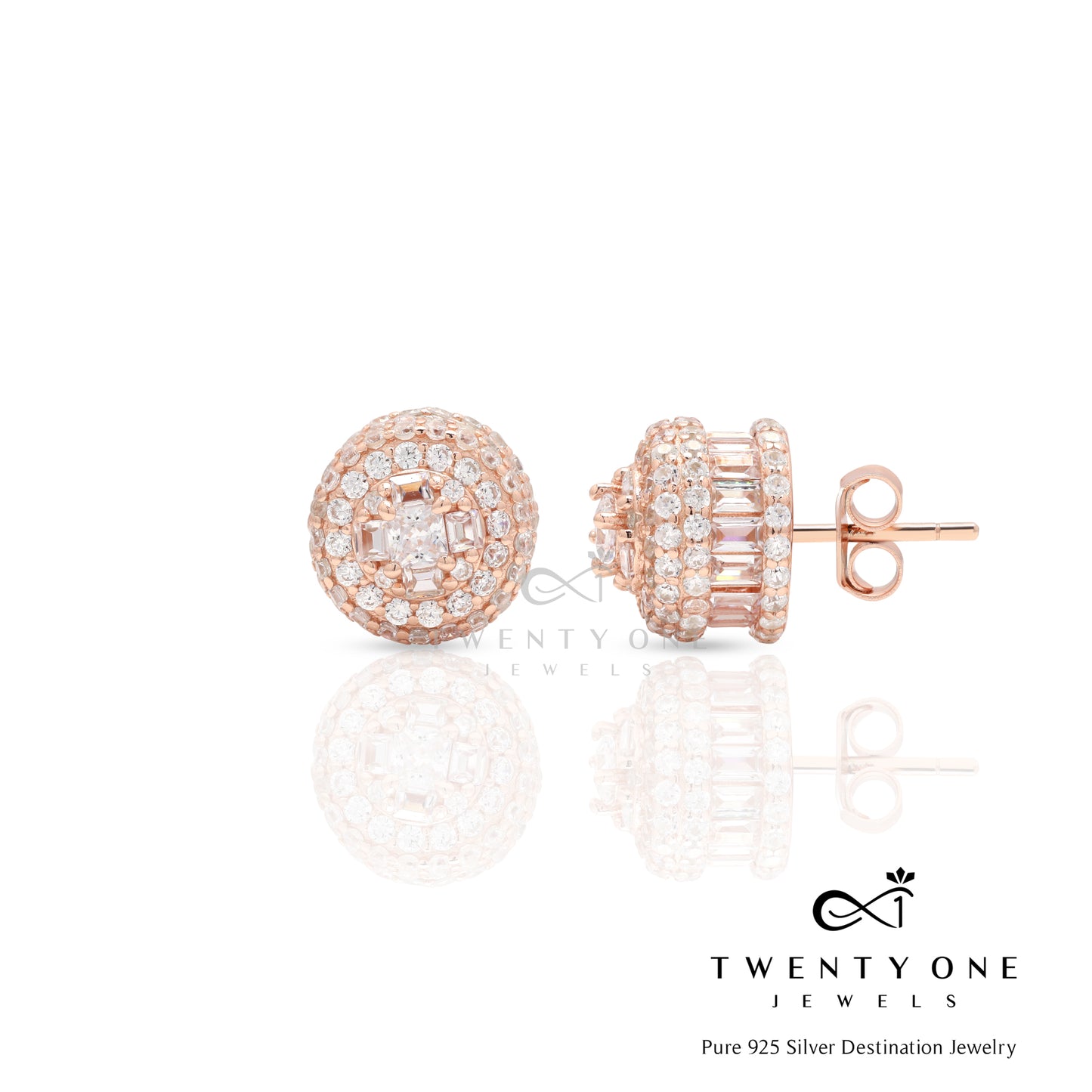 Rose Gold Finish Maharani Studs with American Diamonds on Pure 925 Silver