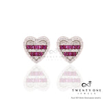 Diamond and Ruby Studded Heart Savoya Studs on Pure 925 Silver