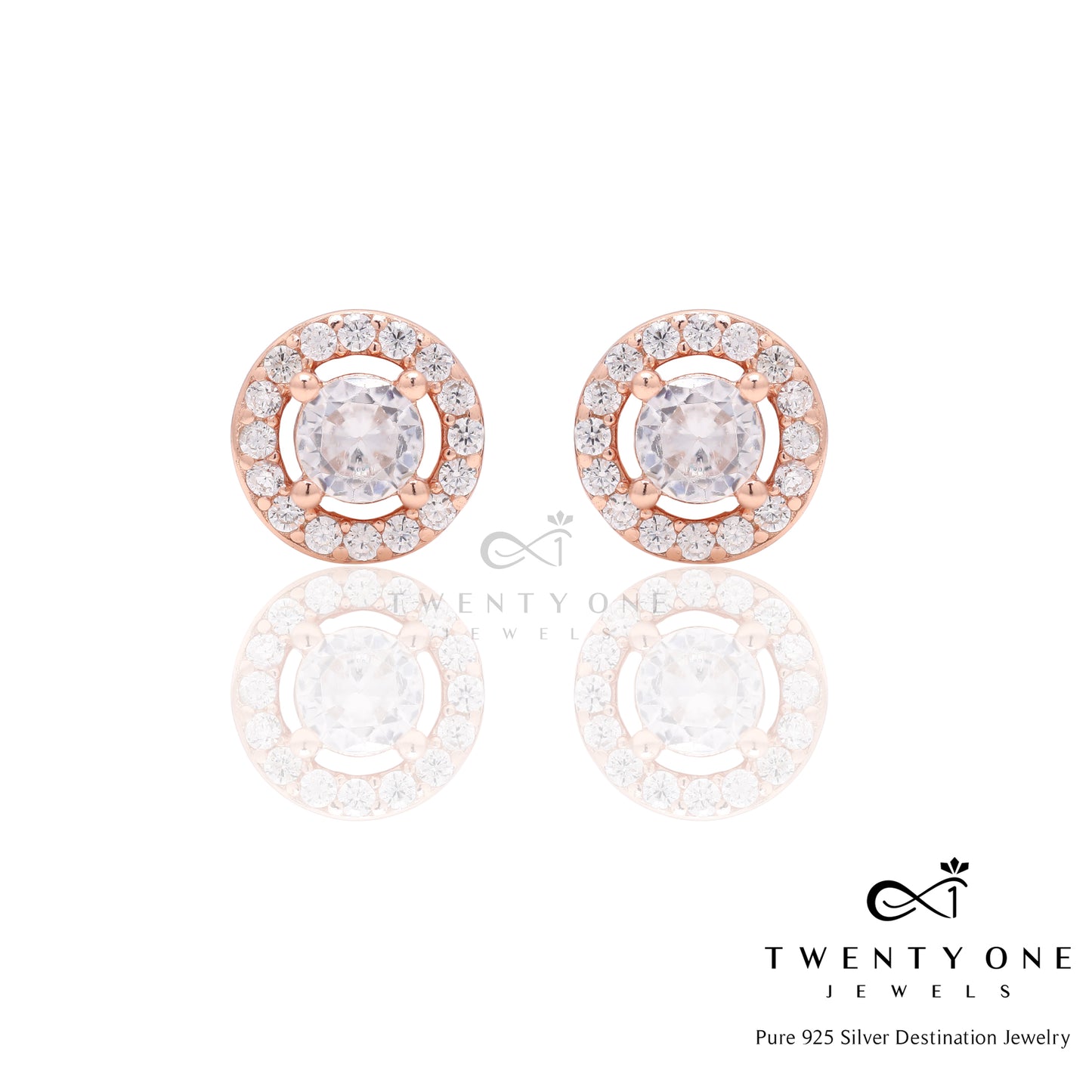 Rose Gold Light Range Classic Halo Studs on Pure 925 Silver with Screw Backs