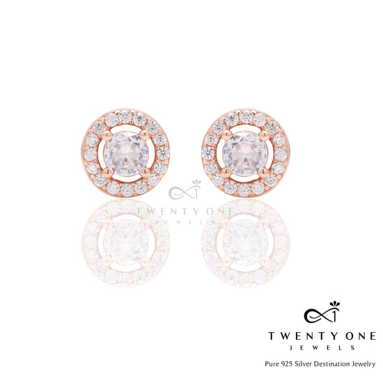 Rose Gold Light Range Classic Halo Studs on Pure 925 Silver with Screw Backs