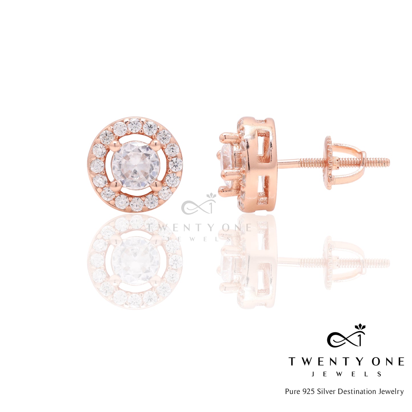 Rose Gold Light Range Classic Halo Studs on Pure 925 Silver with Screw Backs