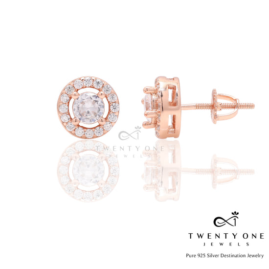 Rose Gold Light Range Classic Halo Studs on Pure 925 Silver with Screw Backs