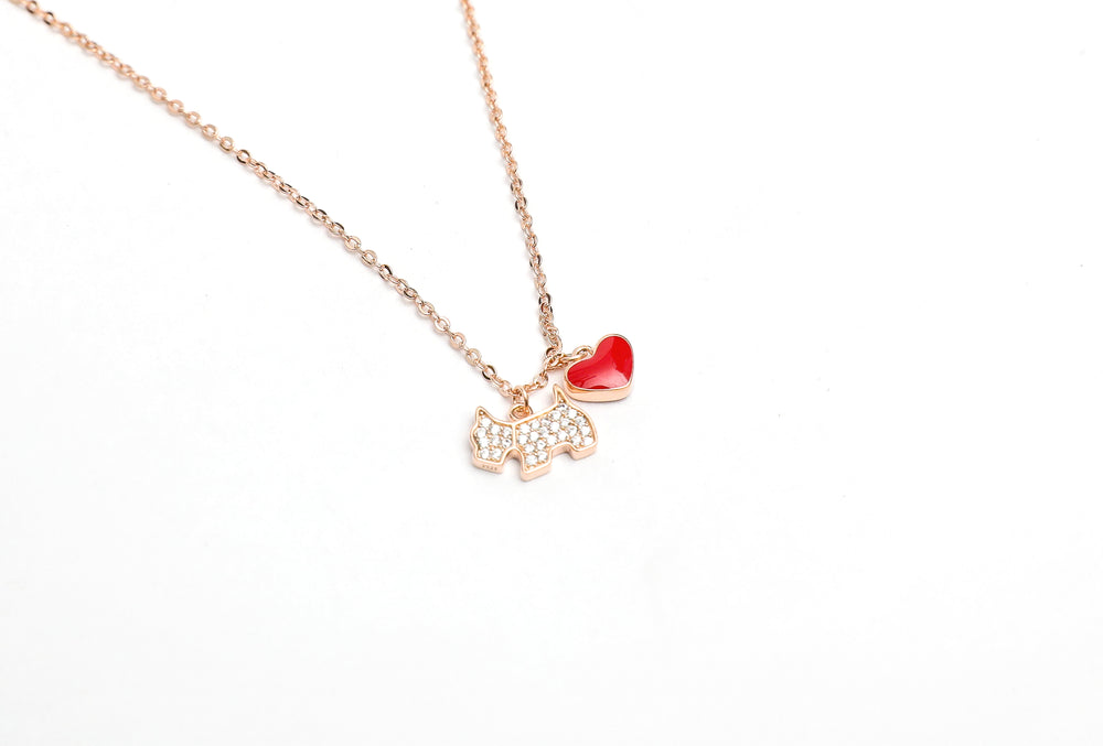 Rose Gold Finish Kids Dog Pendant with Red Heart