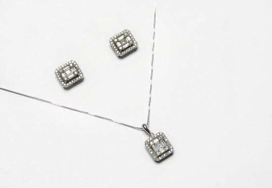 Emerald Cut Illusion Setting Janet Pendant Set with Earrings