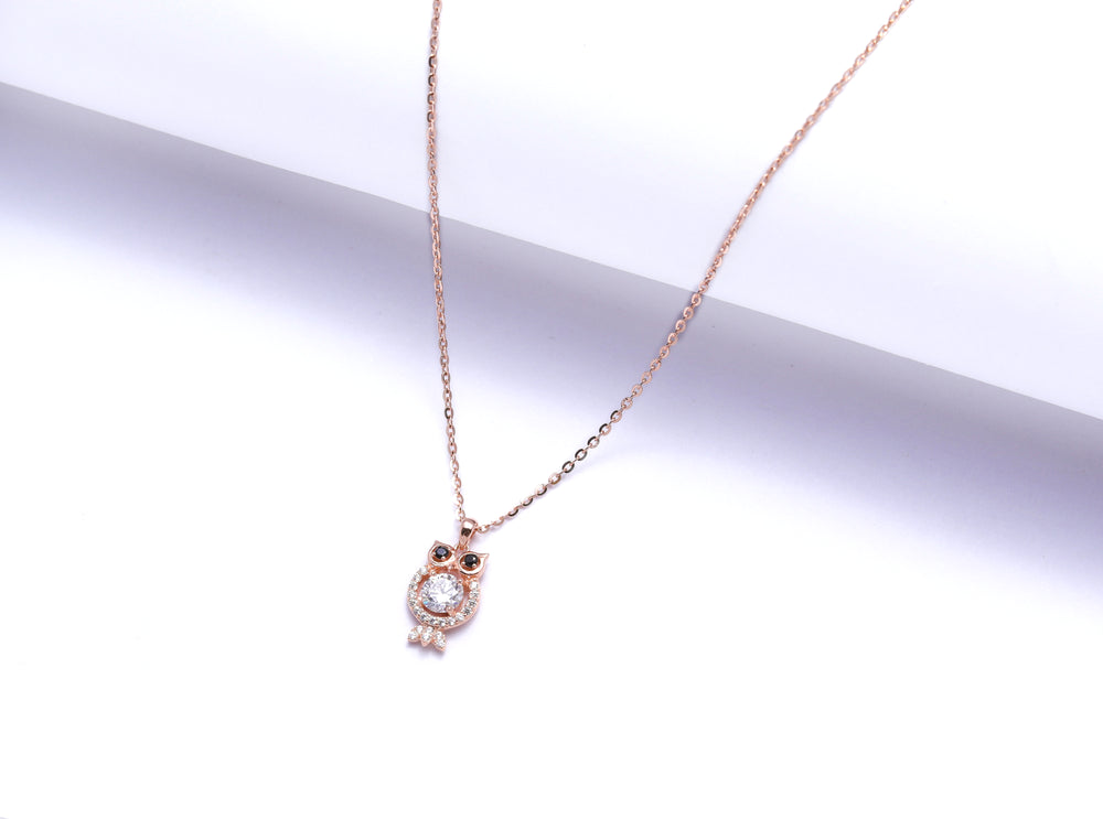 Owl Rose Gold Solitaire Pendant with Chain