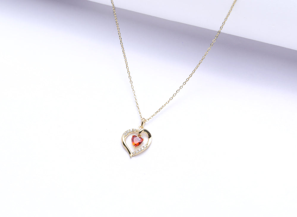 Elaine Heart Solitaire 18k Gold  Finish With Red Solitaire Pendant With Chain