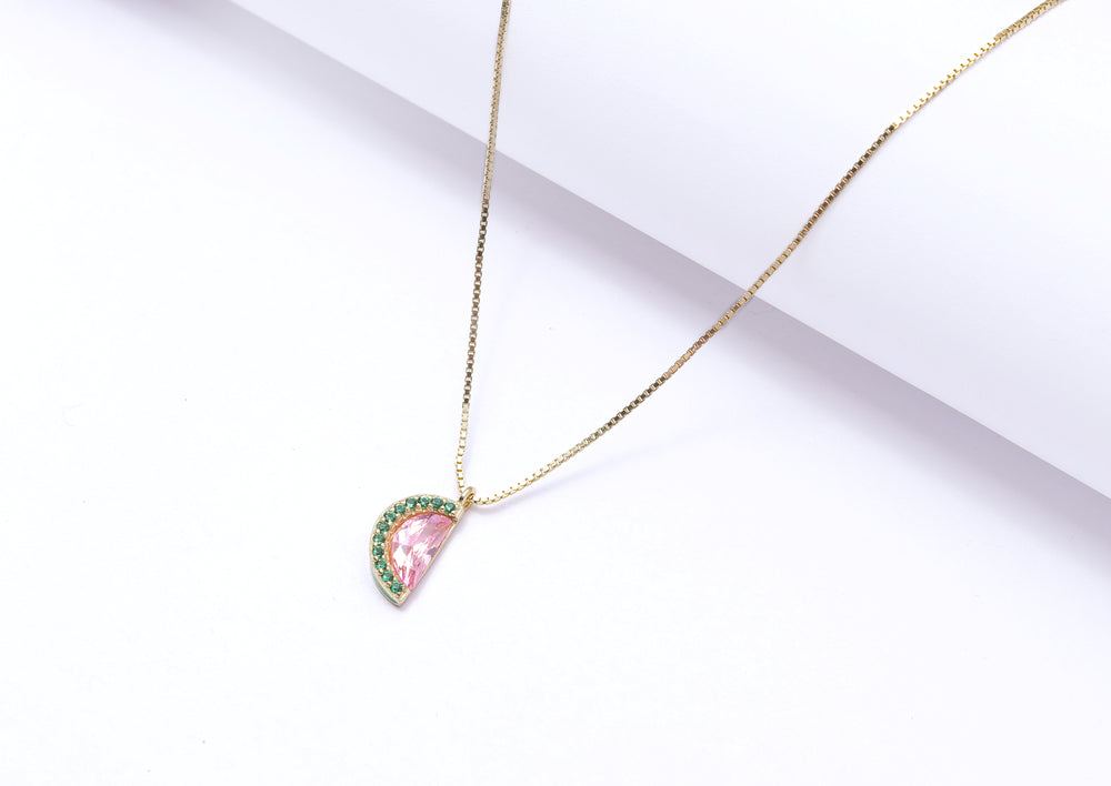 Gold Finish Pink and Emerald Pendant with Chain
