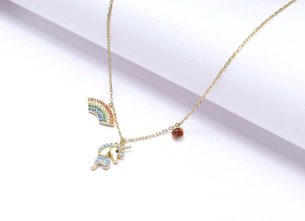 The Rainbow and Unicorn Pendant in Gold Finish
