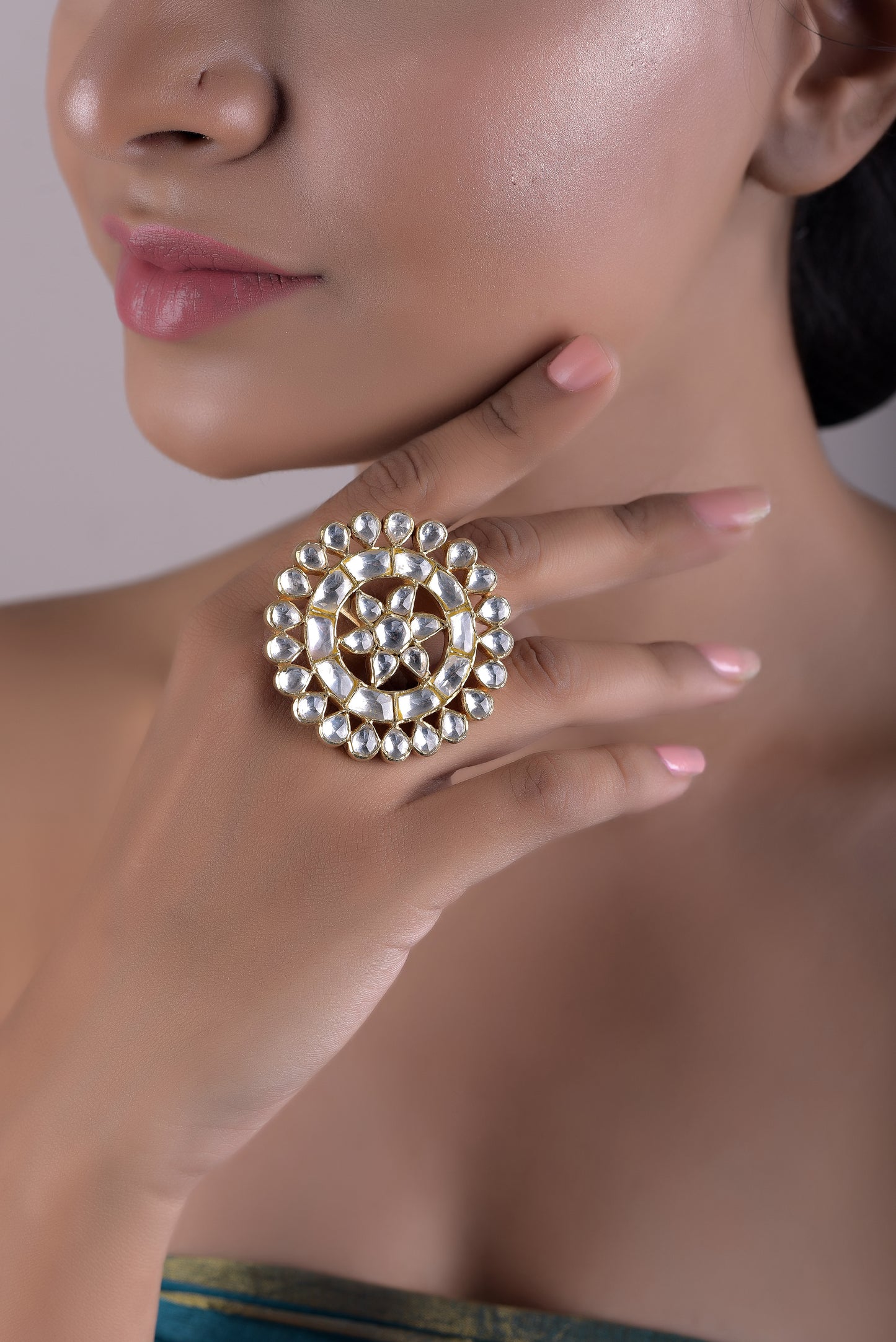 Bastaara Pure 925 Silver Polki Big Adjustable  Ring