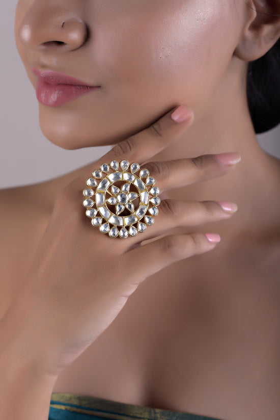 Bastaara Pure 925 Silver Polki Big Adjustable  Ring