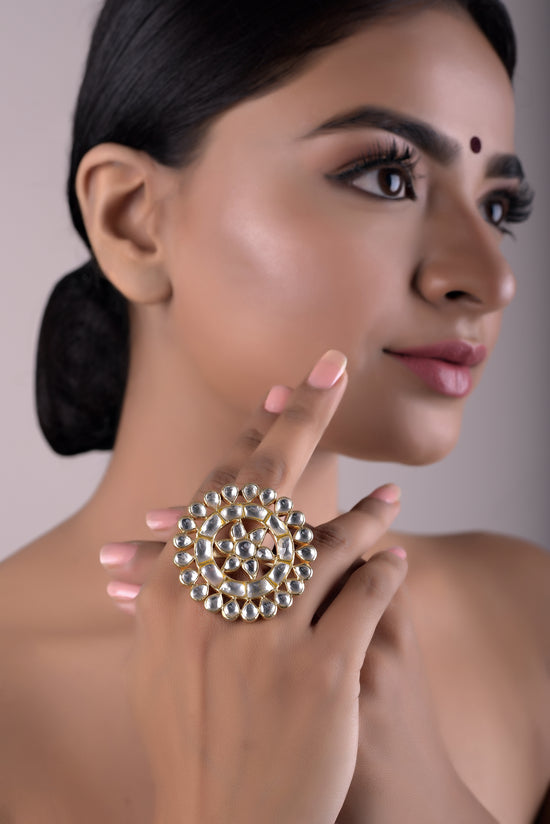 Bastaara Pure 925 Silver Polki Big Adjustable  Ring