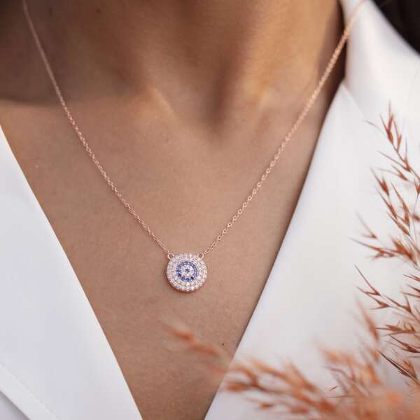Pure 925 Silver Rose Gold Daria Evil Eye Pendant With Chain