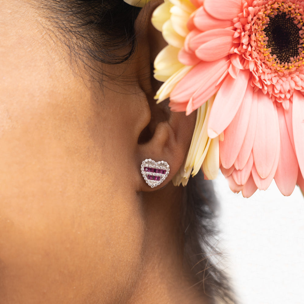 Diamond and Ruby Studded Heart Savoya Studs on Pure 925 Silver