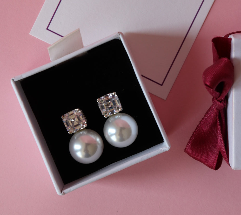 Fresh Water Pearl Diva Studs with Ascher Cut Solitaires on High Finish Brass