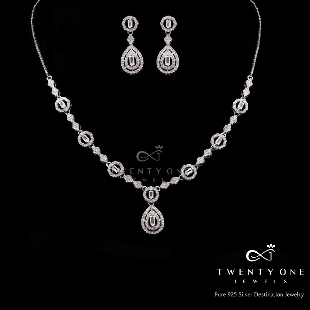 Baguette And Round Cut Diamond  Necklace Set