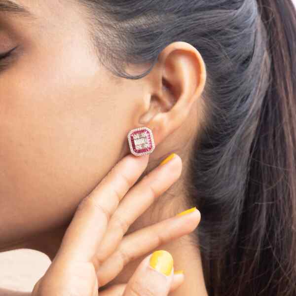 Italian Setting Ruby Berut Rose Gold Studs on Pure 925 Silver