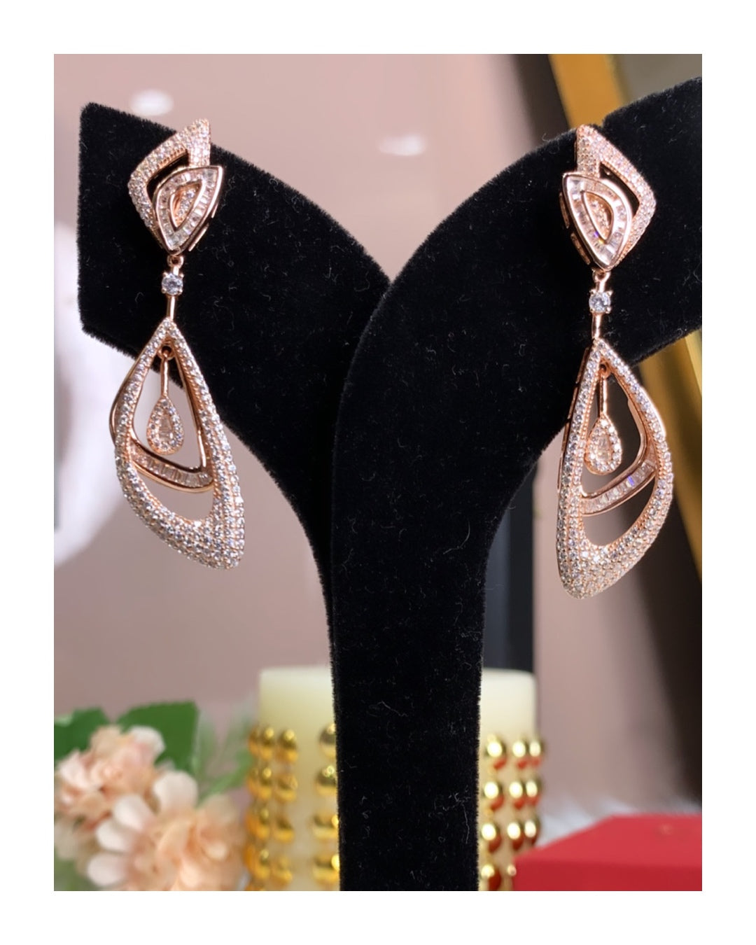Rose Gold Finish Diamond Studded Princia Danglers on Pure 925 Silver