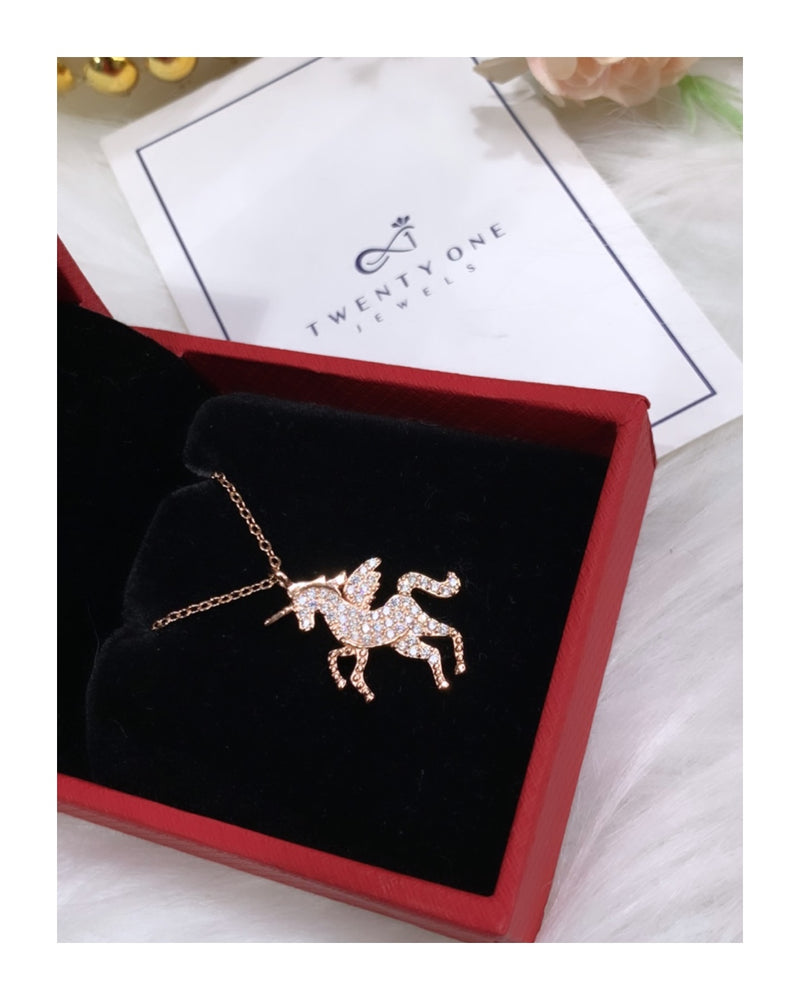 Rose Gold Diamond Studded Jonny Unicorn Pendant with Chain
