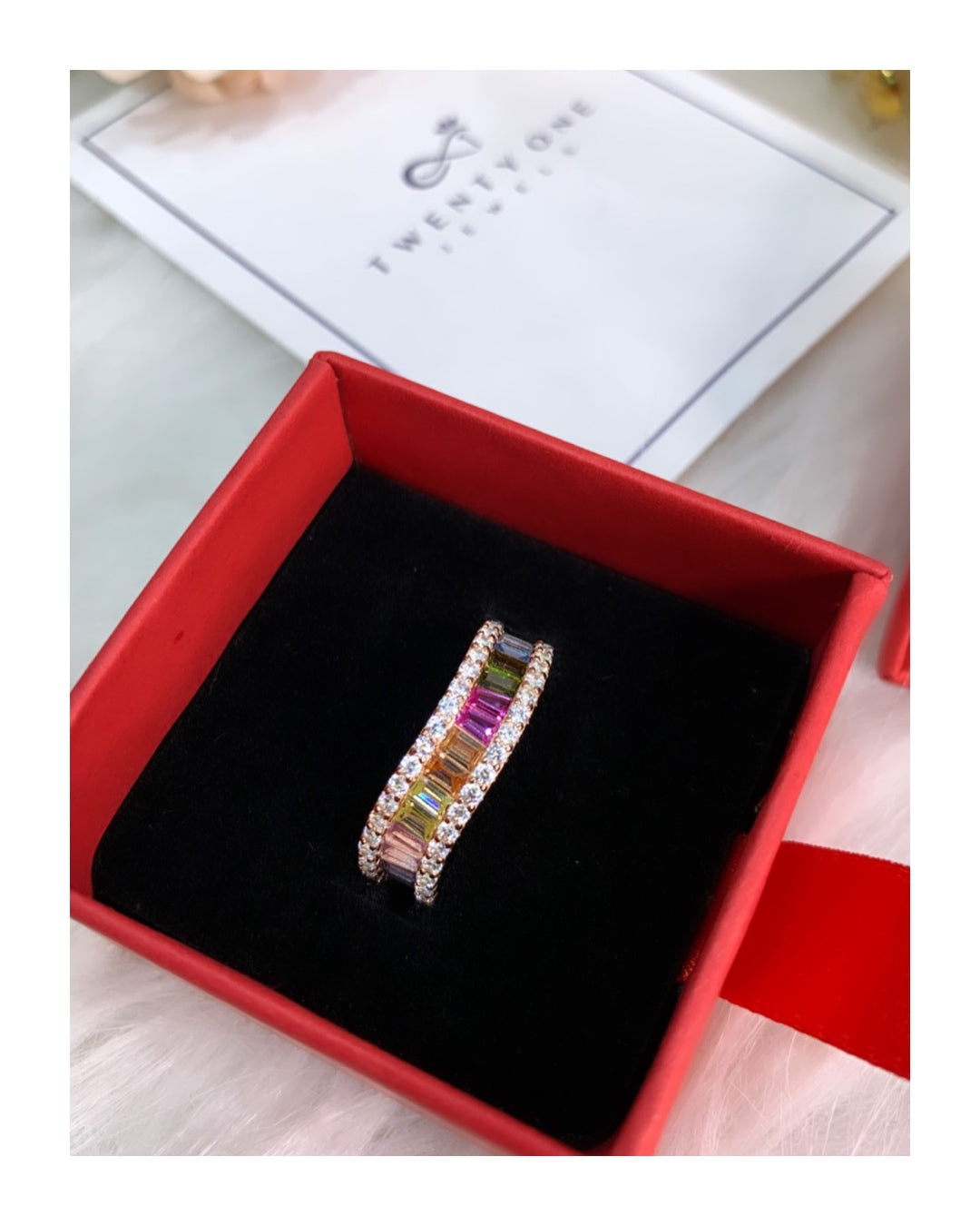 Rose Gold Finish Rainbow Veda Pure 925 Silver Ring