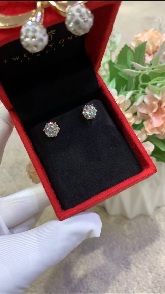 2 Carat Solitaire Studs on 925 Silver with Premium Screw Backs in 18k Gold Finish